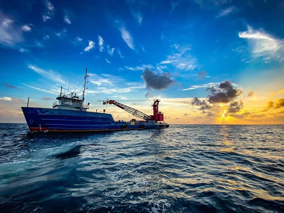 ReefMaker’s Maranatha II artificial reef deployment vessel in the Gulf of Mexico at sunset