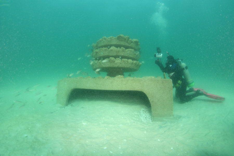 Submerged Grouper Reef structure with stacked habitat discs resting on the seafloor